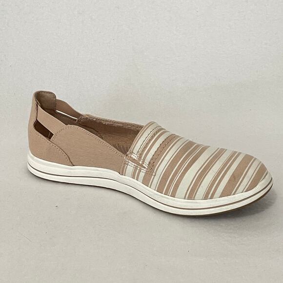 Clarks Cloud Steppers Slip On Shoes Womens 8.5 Tan White Striped Cushion Comfort - Picture 7 of 8